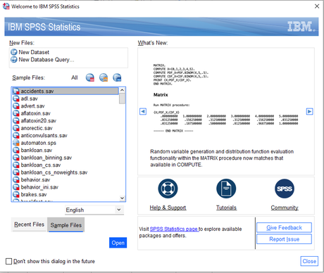 IBM SPSS Statistics Welcome Dialog Sample Files